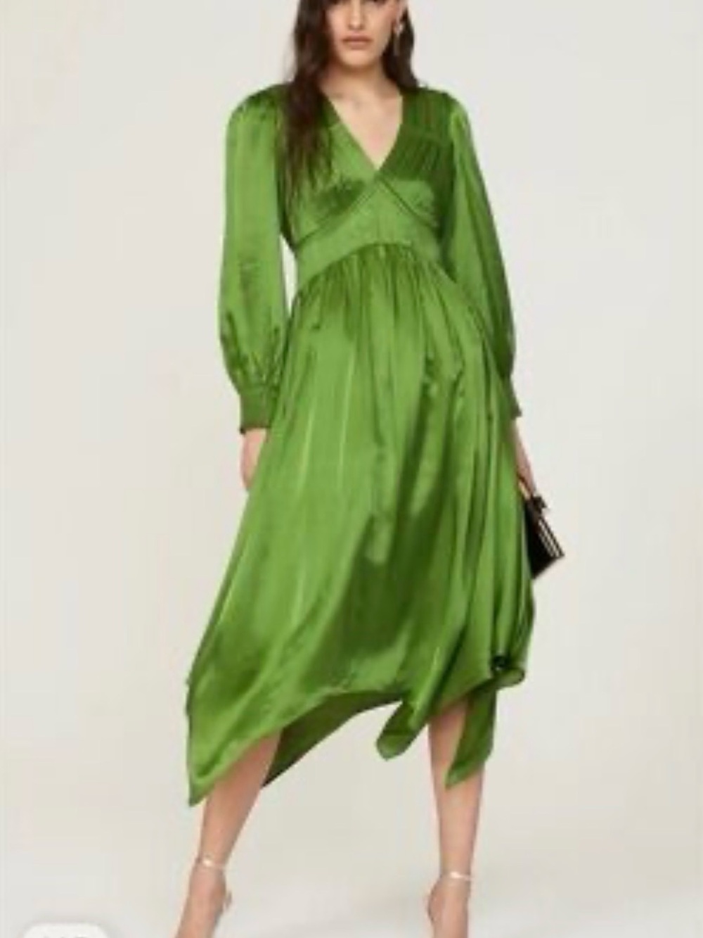 All Saints Green Satin V-Neck Midi Dress